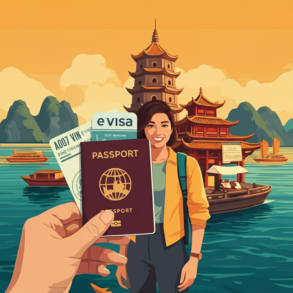 showcases a traveler with a passport and eVisa, set against iconic Vietnamese landmarks like Ha Long Bay and a traditional pagoda, evoking adventure and cultural exploration