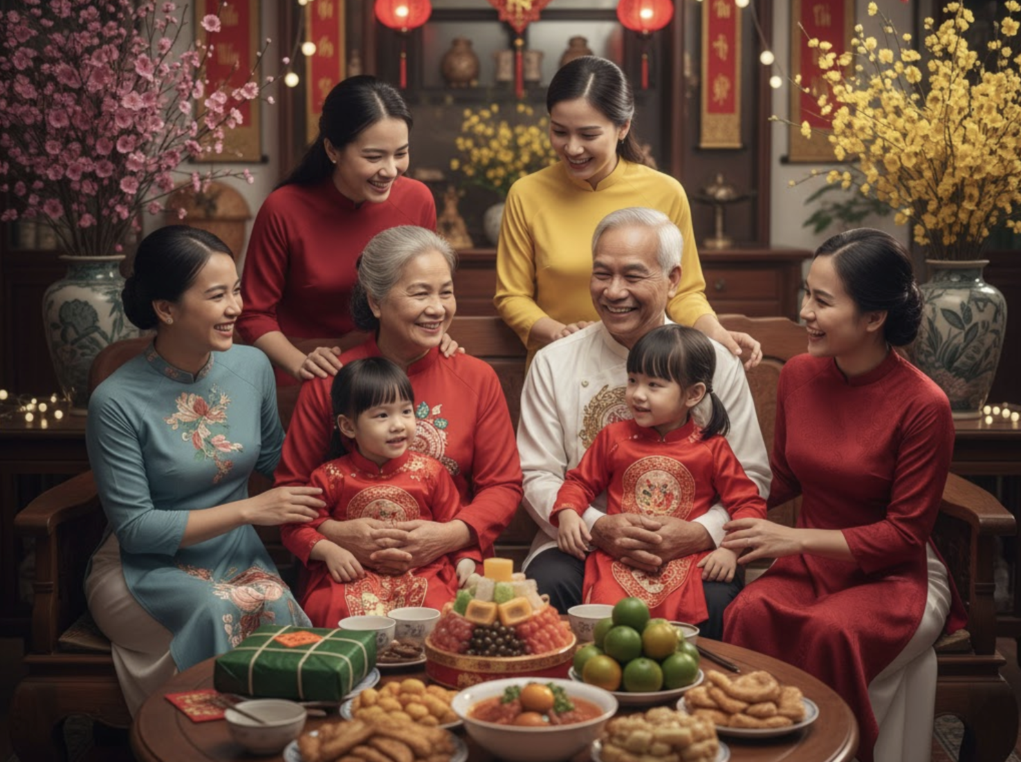 vietnamvisaexpress- wide shot of a busy Vietnamese street decorated for Tet Lunar New Year, with glowing red lanterns, peach blossoms and kumquat trees, families in traditional áo dài taking photos, festive lights above, evening golden-hour lighting