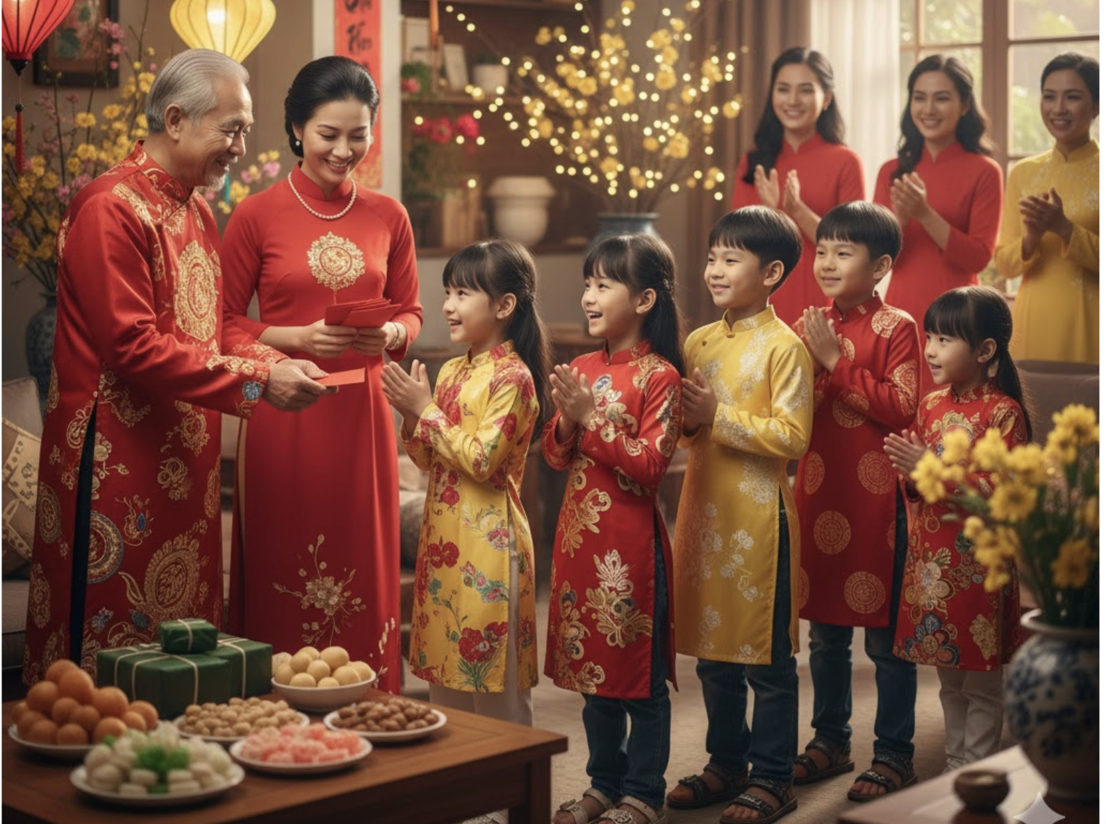 vietnamvisaexpress - indoor shot of a Vietnamese family in traditional áo dài, grandparents handing red envelopes (lì xì) to smiling children, realistic faces, hands and envelopes clearly visible, joyful atmosphere
