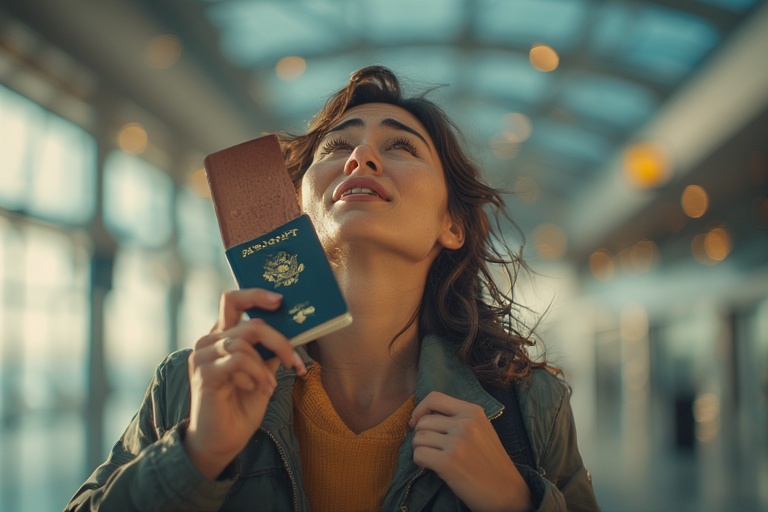 Traveler breathing relief while holding passport at airport - Vietnam Emergency Visa