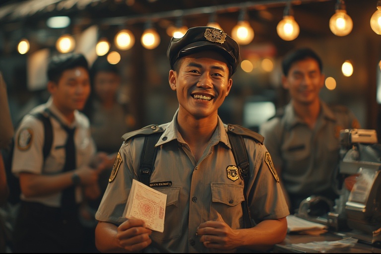 Immigration officer smiling and returning stamped passport.