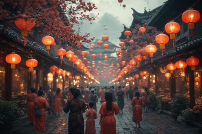 vietnamvisaexpress- wide shot of a busy Vietnamese street decorated for Tet Lunar New Year, with glowing red lanterns, peach blossoms and kumquat trees, families in traditional áo dài taking photos, festive lights above, evening golden-hour lighting