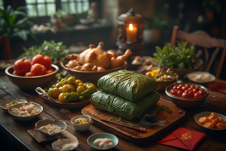 vietnamvisaexpress-Close-up of a family table with traditional Tet food: square bánh chưng wrapped in green leaves, boiled chicken, pickled vegetables, candied fruits, red envelopes on the side, warm indoor lighting