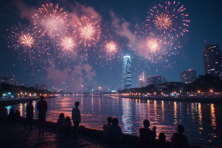 vietnamvisaexpress.com - night view of fireworks exploding over the Saigon River, Landmark 81 skyscraper in the background, people watching from riverside promenade, realistic reflections on water