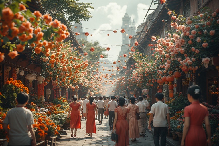 vietnamvisaexpress - Nguyễn Huệ Flower Street during Tet in Ho Chi Minh City, crowded with families and tourists, colorful ochna and peach blossoms, large floral sculptures, traditional áo dài,