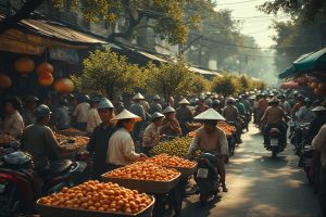vietnamvisaexpress - Lifelike market in Hanoi before Tet, vendors selling peach blossoms and kumquat trees, bustling crowd carrying trees on motorbikes, authentic Vietnamese clothing, realistic facial features, lively morning
