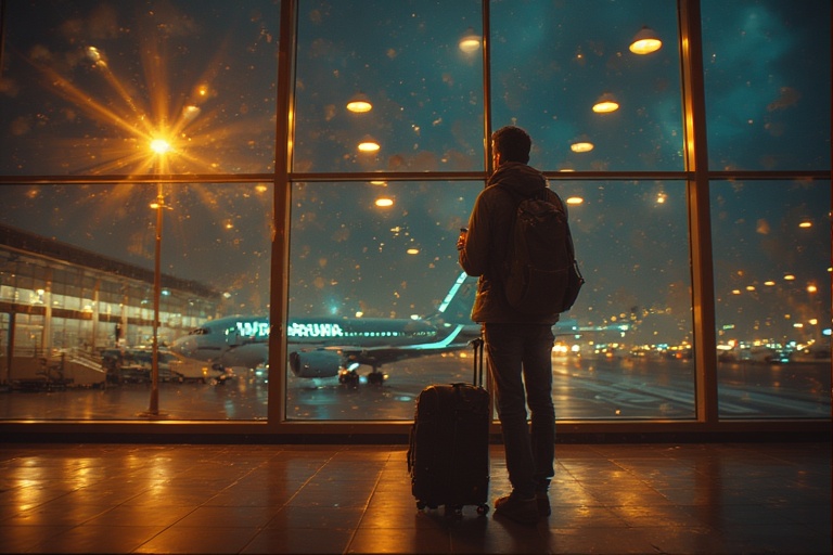 Traveler getting same-day approval for an emergency Vietnam visa at the airport, night scene with hopeful mood.