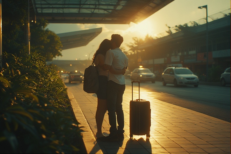 A relieved reunion after a fast emergency Vietnam visa approval, warm golden light at arrivals.